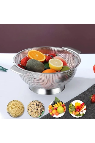 Rocco Gümüş Paslanmaz Çelik Kevgir Karıştırma Kasesi Salata Makarna Sebze Meyve Süzgeç 22,5 Cm Çelik