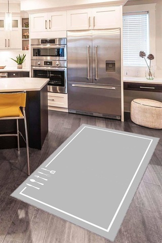 Gri Kaymaz Tabanlı Kaşık Desenli Mutfak Halısı Yolluk Vh114, Gri, 80 X 250 Çok Renkli