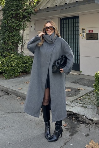 Gri Vittoria Düğmeli Yaka Kaban - 2511 Gri