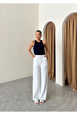 Beyaz Beli Lastikli Pamuklu Keten Pantolon Beyaz