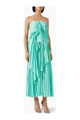 Acler Bolton Midi Elbise - - %100 Polyester - Burgu Detaylı Bustiyer & Plise Satin Etek Turkuaz