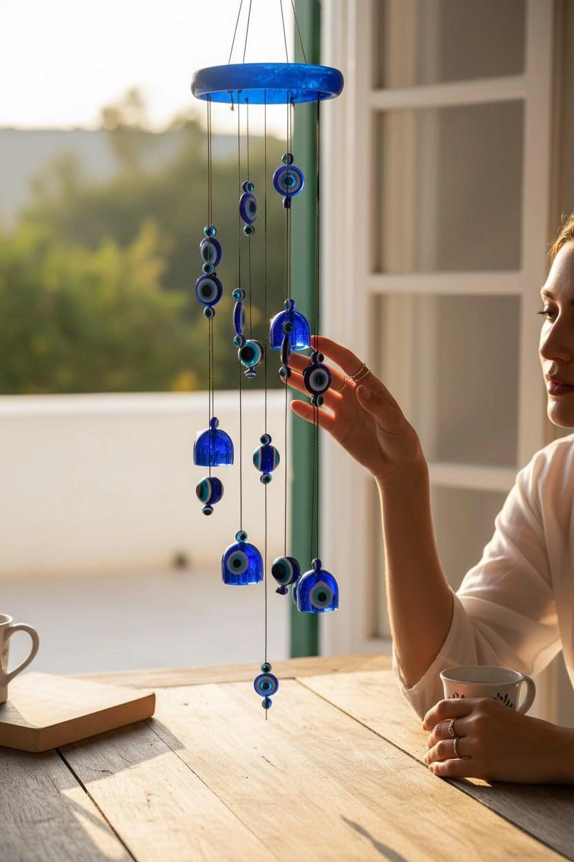 Feng Shui Nazar Boncuğu Rüzgar Çanı Metal Kötü Göze Karşı Dış Mekan Dekoratif Bahçe Kapı Süsü 80 Cm. 60 Cm