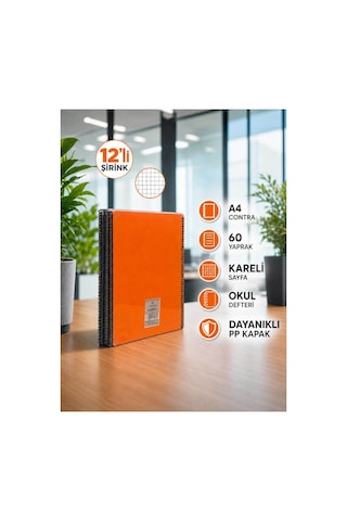 Pp Kapak Spiralli 60 Yaprak A4 Kareli 12 Adet Defter Çok Renkli