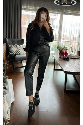 Deri Alt-üst Şık Takım Siyah Siyah