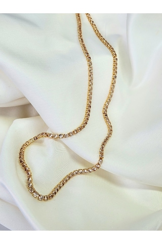 Eva Takı Zirkon Taşlı Su Yolu Rhinestone Uzun 72 CM Gold Renk Kolye Siyah