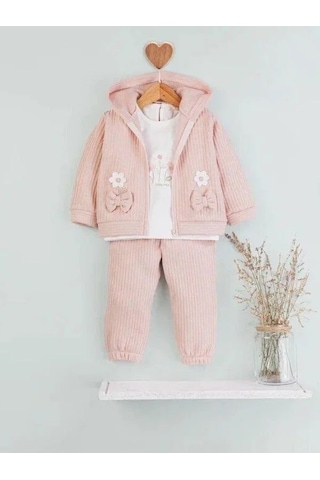 Baby Rose Kız Bebek Papatya Nakışlı Hırkalı 3lü Eşofman Takım-14922 Pudra