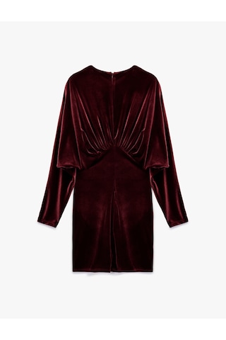 Koton Uzun Kollu V Yaka Drapeli Dökümlü Bodycon Mini Kadife Abiye Elbise Bordo 6wak80002fk Bordo