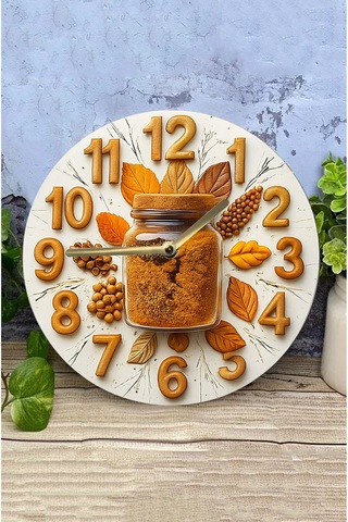 Zamanın Baharatı Kavanoz Temalı Sessiz Yuvarlak Ahşap Duvar Saati, Kuvars Coffe Desen 2d Sdw209 Renkli