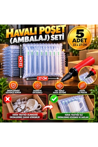 Havalı Poşet Ambalaj Seti 33cm X 27cm - 5 Adet + Şişirme Aparatı