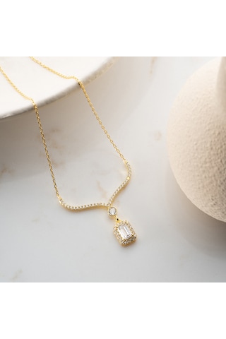 Vaoov 925 Ayar Gümüş Baget Taşlı Gold Sallantılı Hediye Kolye Altın