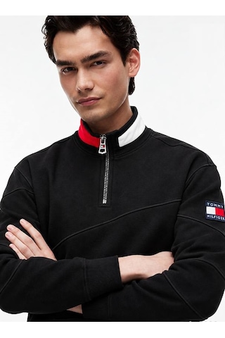 Tommy Hilfiger Yarım Fermuar Dik Yaka Sweatshirt Siyah