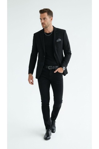 Plus Scorpion Erkek Mono Yaka Tek Düğmeli Çift Yırtmaçlı Blazer Ceket Premium Dokuma Kumaş, 8 Renk Siyah