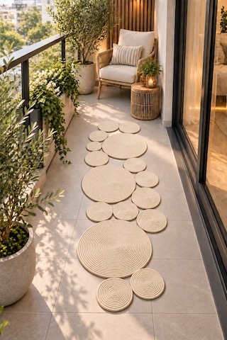 Bohem Asimetrik Jüt El Yapımı Yuvarlak Detaylı Jüt Hasır Görünümlü Dekoratif Kilim, Organik Form Modern Banyo Mutfak Koridor Halı Kilim Paspas Doğal Tasarım Krem 934606952 Krem