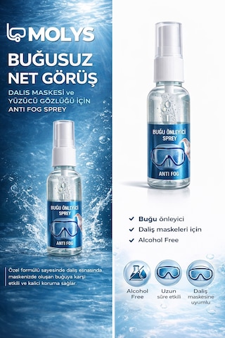 Molys Anti Fog Sprey 50 ml - Dalış Maskesi Ve Yüzücü Gözlüğü Buğu Önleyici - Alcohol Free Şeffaf - 50 ml
