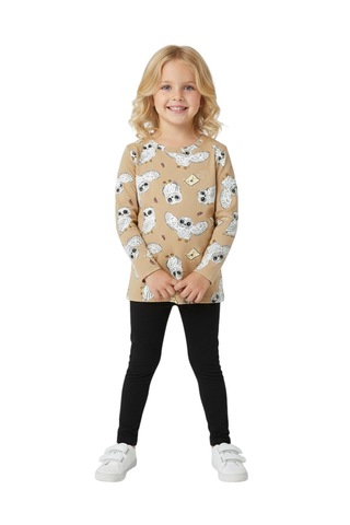 Baykuş Desenli Kız Çocuk Pijama Takım Kahverengi