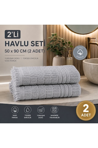 2'li Yüz Havlusu Seti 50x90 Cm Pamuklu El Havlusu Püsküllü Yumuşak Dokulu Yüksek Emici Günlük Kullanım Gri