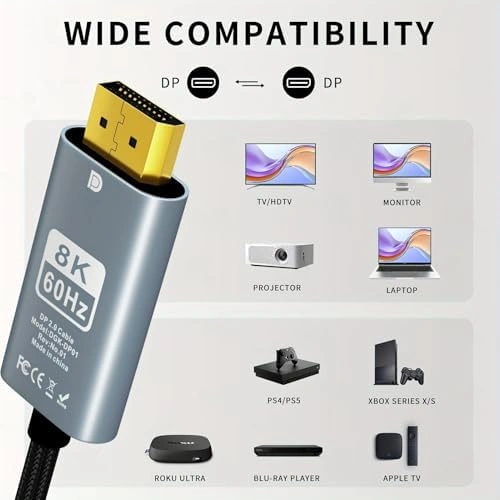 Dp To Dp Kablo, 8k 60hz 200cm Yüksek Hızlı, Displayport Kablo 2 Metre Kablo Uzunluğu Displayport To Displayport Kablo 200cm Zr856