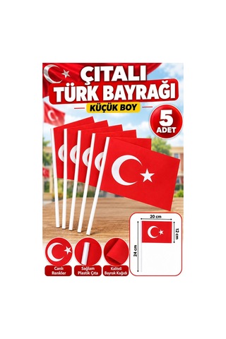 Çıtalı Bayrak Kağıt 20x12 Cm 5 Adet Ay Yıldızlı Türk Bayrağı Çıtalı Sopalı Küçük Bayrak Plastik Çubuklu Bayrak Diğer