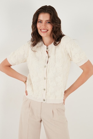 Lela Premium Regular Fit Bisiklet Yaka Tüllü Çiçekli Kısa Kollu Bayan Hırka 680Hi00386 Ekru