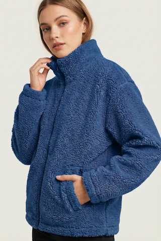 Kadın Peluş Tam Fermuarlı Cepli Sherpa Kuzu Kumaş Oversize Peluş Polar Sweatshirt İndigo