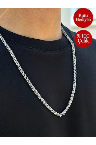 Yuvarlak Kral Model Çelik Kolye İthal Zincir 3mm Orta Kalınlıkta - Kutulu Gümüş