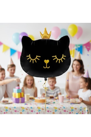 30 İnç Siyah Kedi Kafası Taçlı Folyo Balon - Doğum Günü Parti Dekorasyon Balonu Çok Renkli