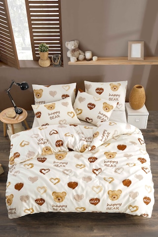 Tabu Home Ranforce Ayıcıklı Kalpli Çarşafı Lastikli Çift Kişilik Nevresim Takımı Krem