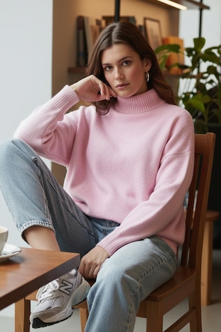 Lela Premium Oversize Fit Balıkçı Yaka Yumuşak Dokulu Triko Bayan Kazak 680Kz00469 Şeker Pembe
