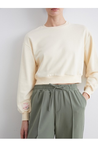Lcw Eco Ekru Bisiklet Yaka Nakışlı Kadın Sweatshirt