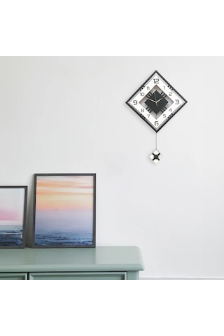 Dörtgen Geometrik Tasarım 50 Cm Modern Ahşap Sarkaçlı Duvar Saati Siyah Beyaz