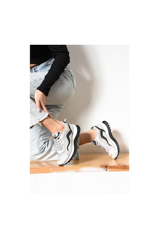 Shoetek Galina Kadın Sneakers Bağcıklı Spor Ayakkabı Gri Deri Gri Cilt Gri