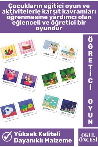 Preschool Eğitici Öğretici Zeka Dil Bilgisi Geliştirici Okul Öncesi Eğlenceli Zıt Kavramlar