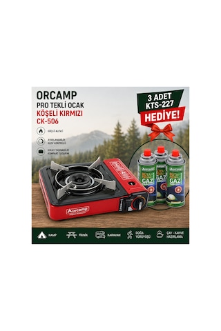 Orcamp Pro Ck-506 Köşeli Kırmızı Tekli Ocak 3 Adet Kts-227 Gaz Kartuşu Hediyeli Kırmızı