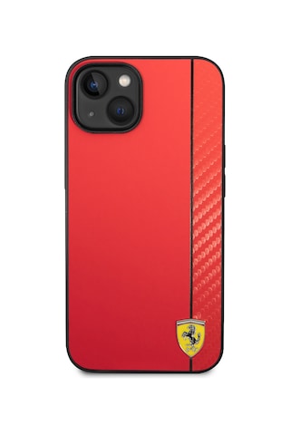 İphone Uyumlu 14 Kılıf Ferrari Lisanslı Magsafe Uyumlu Pu Deri Ve Karbon Şeritli Dizayn Kapak Kırmızı