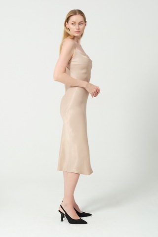 Degaje Döküm Saten Midi Elbise Multi Bej