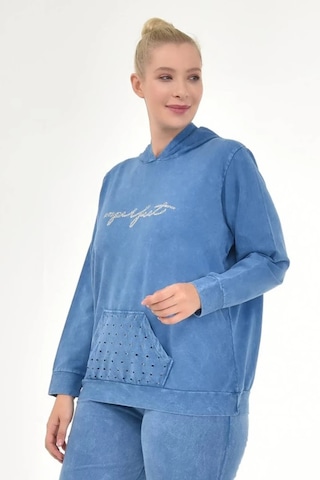 Kadın Büyük Beden İtalyan Yıkama Mavi Kapşonlu Sweatshirt Mavi