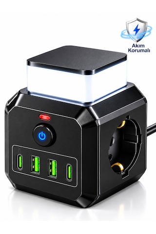 Akım Korumalı 3'lü Priz 2200w 1050j 10a Gece Lambalı 2 Usb 2 Type-c Şarj Girişli 0.2 M