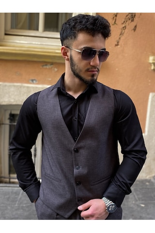 Dupont Classics Dupont Erkek Slim Fit 6 Drop Çift Yırtmaç Yelekli Takım Elbise Koyu Gri