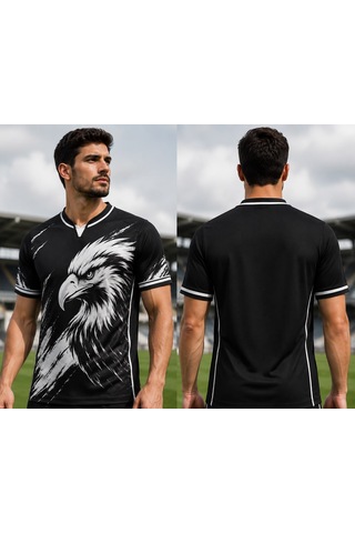 Yenteks Yetişkin Futbol Forması Kartal Desen Siyah Beyaz Özel Tasarım Forma Beyaz - Siyah