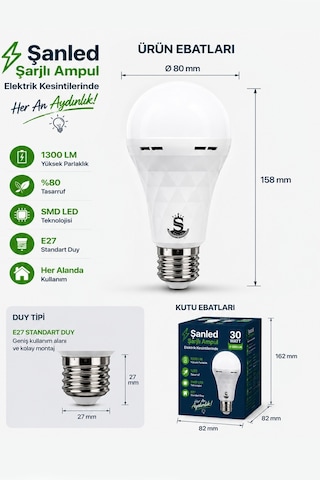 Şarjlı Akülü 30w Beyaz Işık Led Ampul 2 Adet 2 Adet