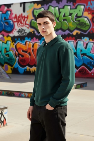 Benerly Erkek Polo Yaka Standart Kol Oversize Kalın Çıtçıtlı Sweatshirt F Yeşil
