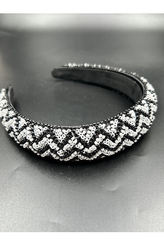 Bymerve El İşlemeli Siyah Beya Renk Boncuk Parlak İşleme Abiye Nişan Davet Kadın Saç Tacı Siyah - Beyaz