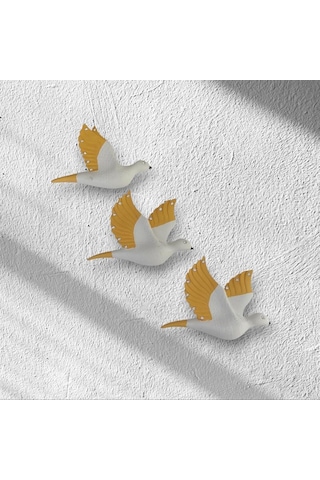 Dekoratif Üçlü Kumru Kuş Duvar Dekoru Süs Sarı Renk 3 Lü Set