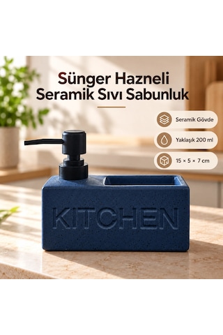 Sünger Hazneli Seramik Sıvı Sabunluk - Mavi Çok Renkli Sünger Hazneli Seramik Sıvı Sabunluk - Mavi Çok Renkli