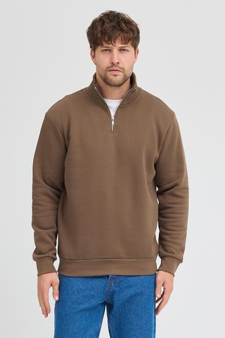 Unisex Regular Fit Rahat Kesim Pamuklu Içi Polarlı Yarım Fermuarlı Kahverengi Dik Yaka Sweatshirt Kahverengi