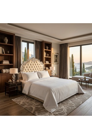 Goldroom Home Çizgili Pamuk Saten Çift Kişilik Nevresim Takımı Beyaz
