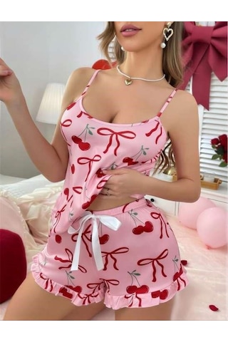 İkikareshop Pembe Üstüne Kiraz Desenli Askılı Şortlu Pijama Takımı Çok Renkli
