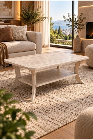 Orta Sehpa Traverten Desen Dikdörtgen 90 Cm Genişlik - 55 Cm En - Mdf Ayak 46 Cm Yükseklik Modern Orta Sehpa Traverten
