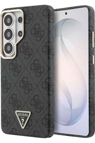 Galaxy Uyumlu S26 Ultra Kılıf Guess Lisanslı M-safeli Gold Kamera Çerçeveli Taşlı Üçgen Logo Kapak Siyah Siyah
