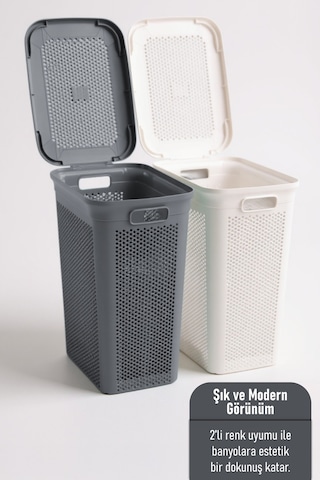 İronika Slim İki Bölmeli Kapaklı Dekoratif Kirli Çamaşır Sepeti 90 Litre Gri - Beyaz Gri